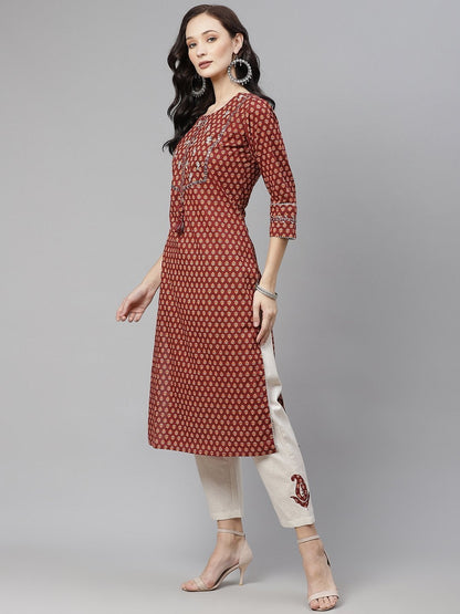 Women's Maroon Buti Print Straight Kurta With Cotton Pants