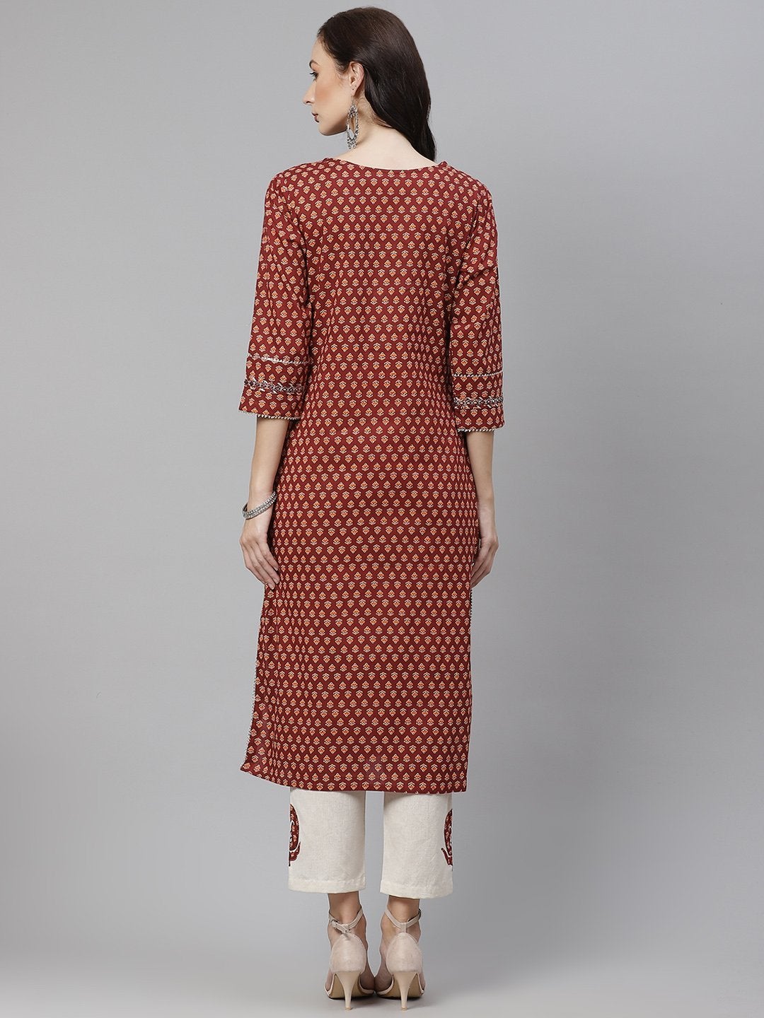 Women's Maroon Buti Print Straight Kurta With Cotton Pants