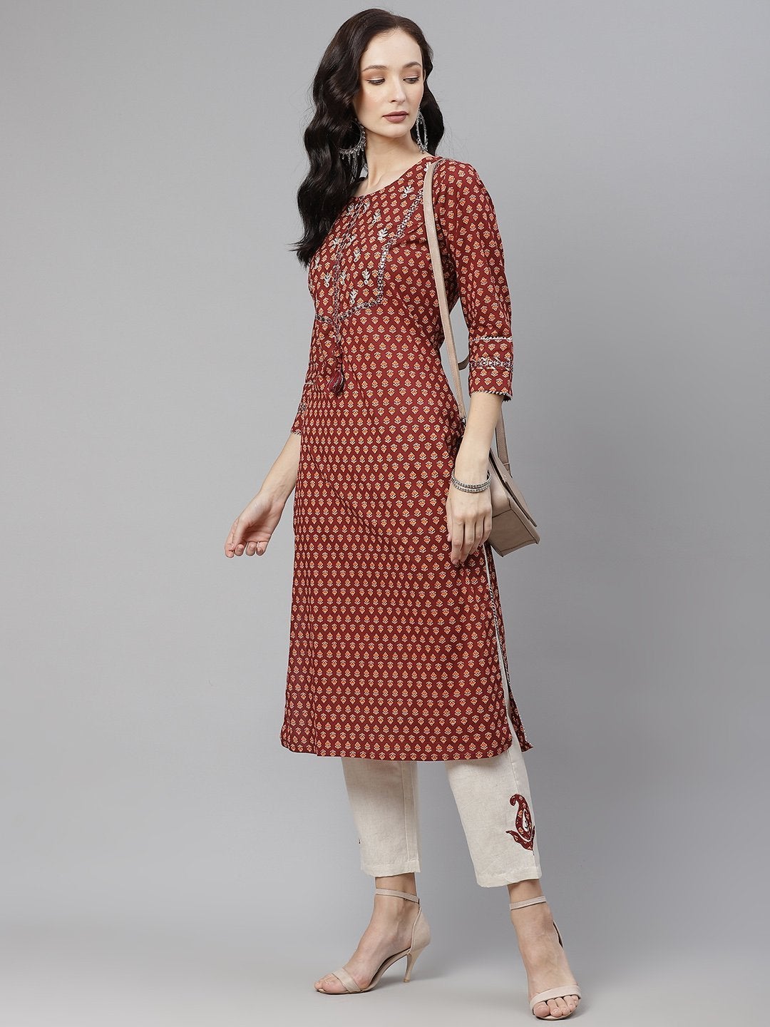 Women's Maroon Buti Print Straight Kurta With Cotton Pants