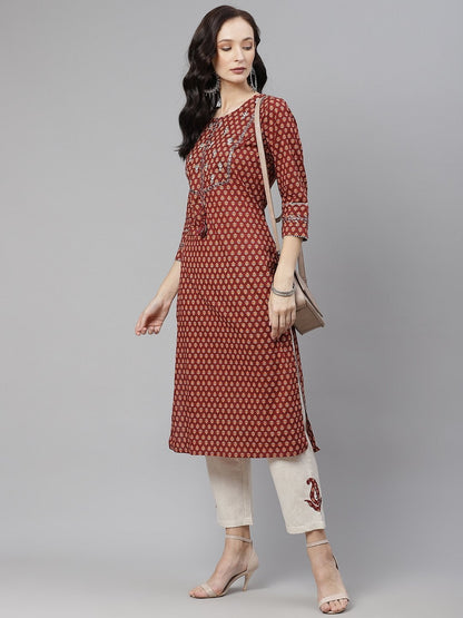 Women's Maroon Buti Print Straight Kurta With Cotton Pants