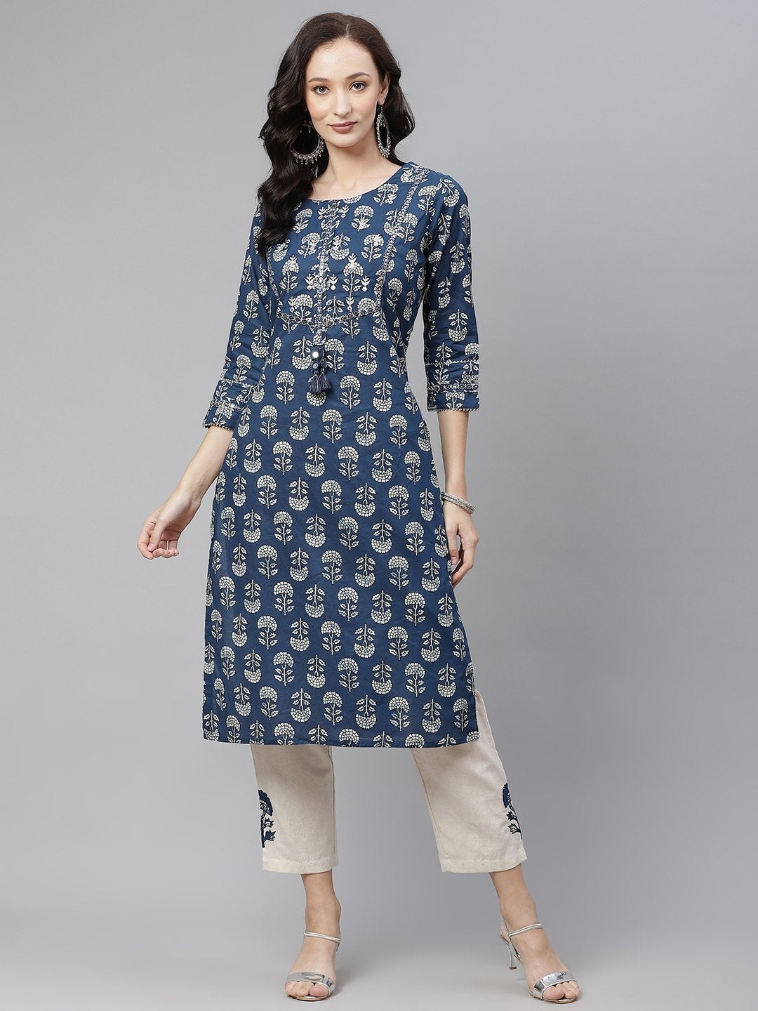 Women's Indigo Blue Buti Print Straight Kurta With Cotton Pants