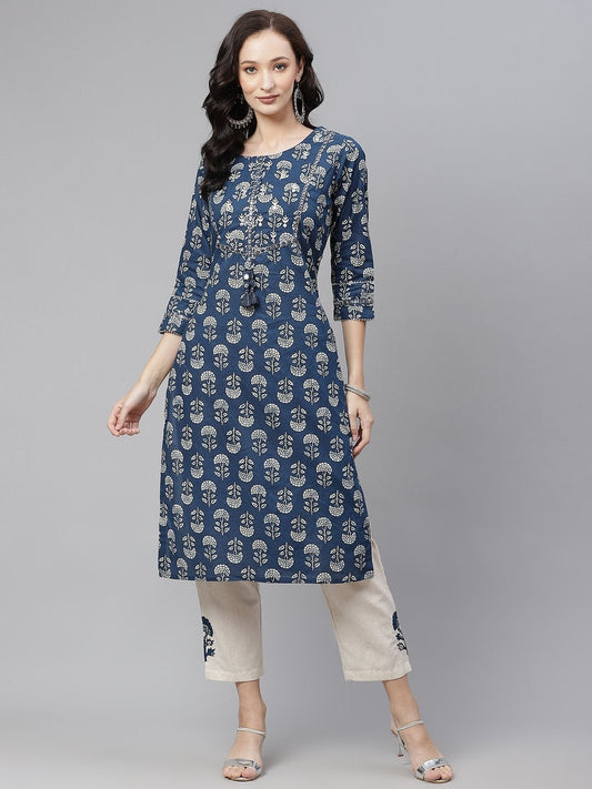 Women's Indigo Blue Buti Print Straight Kurta With Cotton Pants