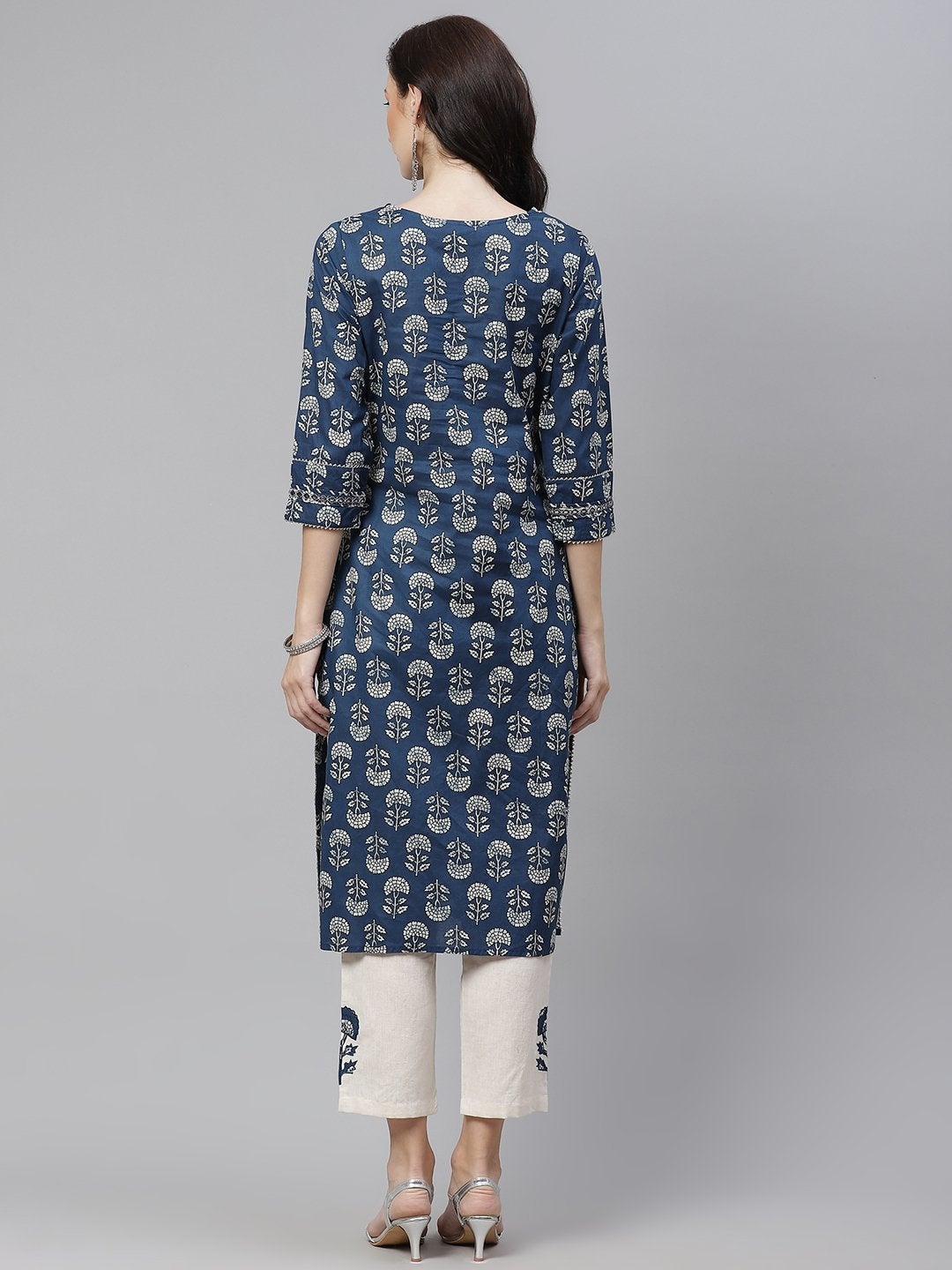Women's Indigo Blue Buti Print Straight Kurta With Cotton Pants