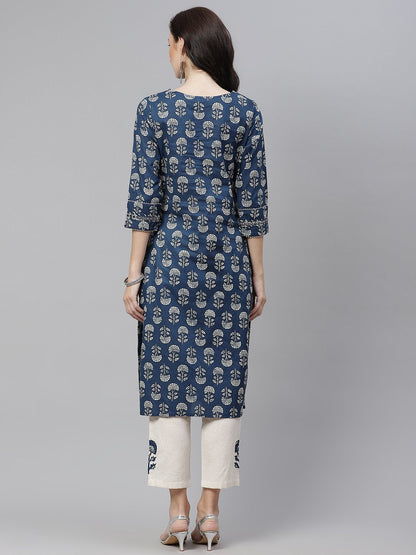 Women's Indigo Blue Buti Print Straight Kurta With Cotton Pants