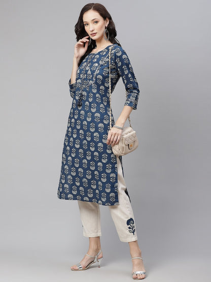 Women's Indigo Blue Buti Print Straight Kurta With Cotton Pants