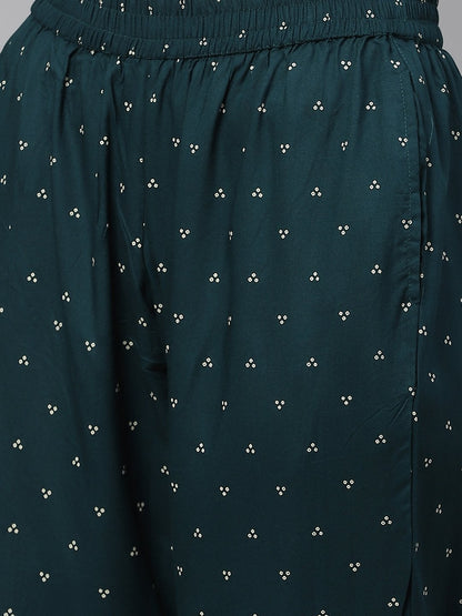 Women's Dark Green Bandhej printed Rayon kurta with pants