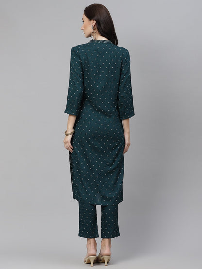 Women's Dark Green Bandhej printed Rayon kurta with pants