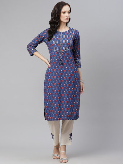 Women's Blue Printed Straight Kurta with Cotton Pants
