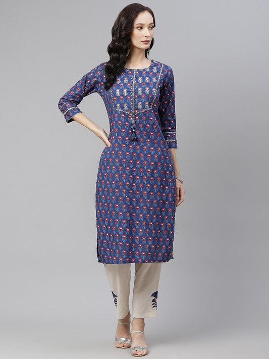 Women's Blue Printed Straight Kurta with Cotton Pants