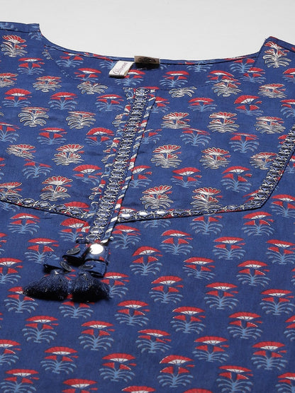 Women's Blue Printed Straight Kurta with Cotton Pants