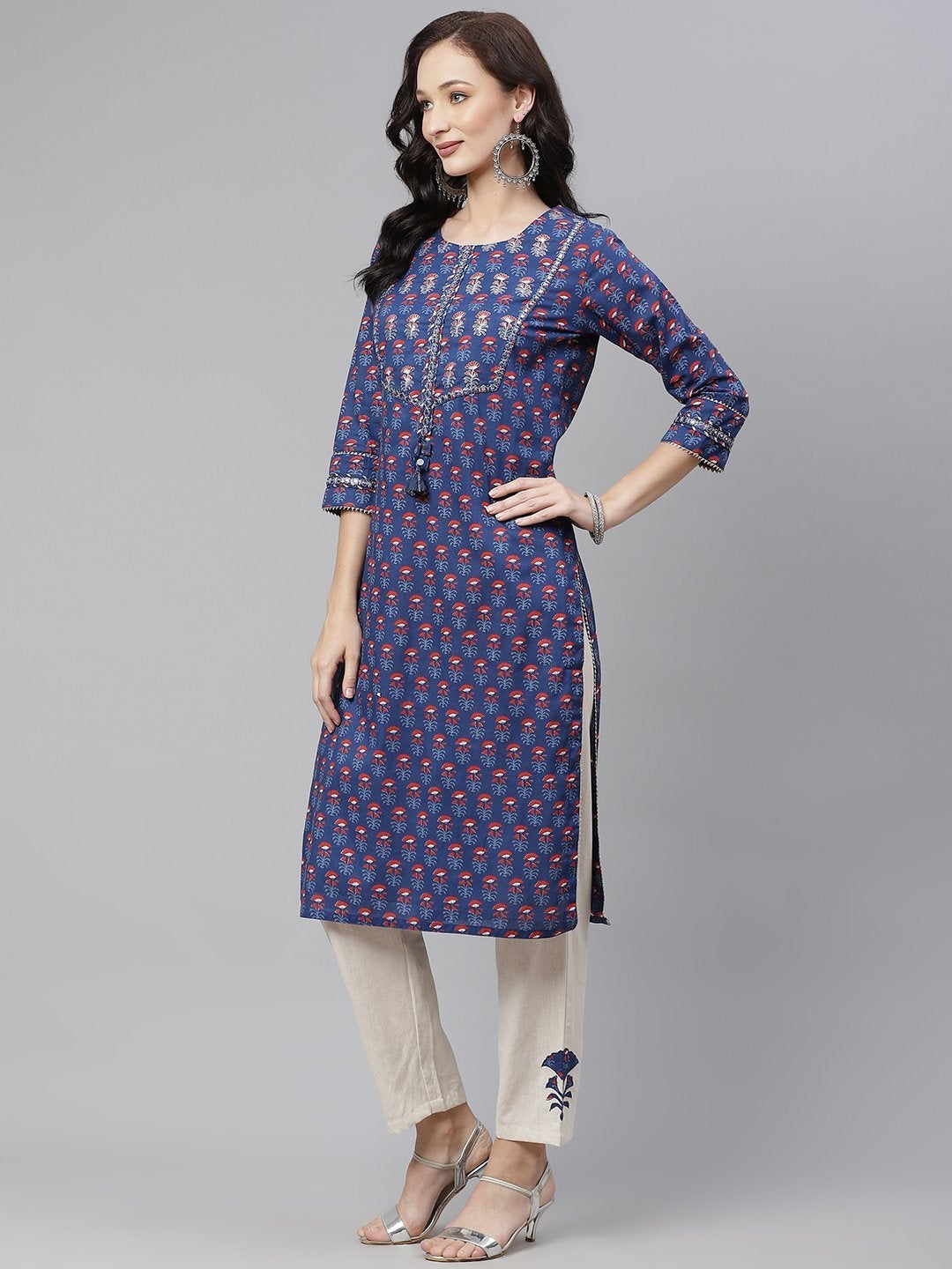 Women's Blue Printed Straight Kurta with Cotton Pants