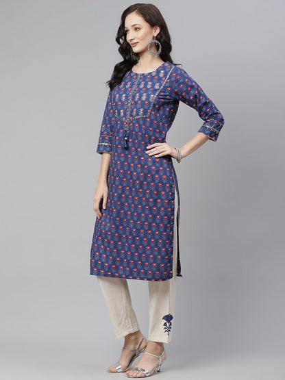 Women's Blue Printed Straight Kurta with Cotton Pants