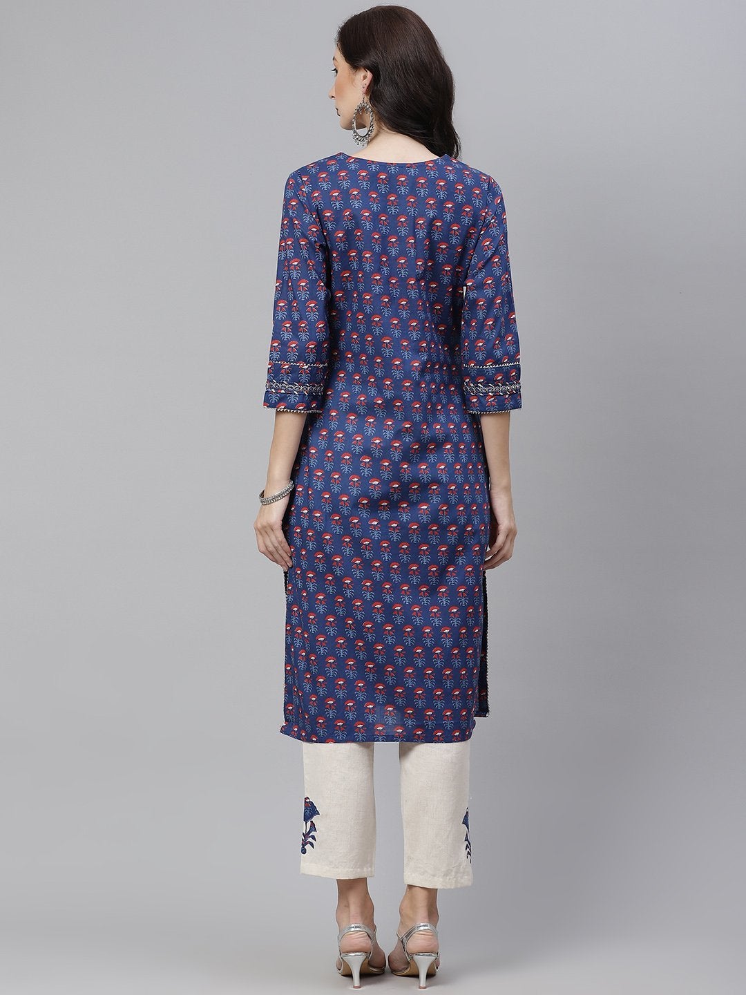 Women's Blue Printed Straight Kurta with Cotton Pants