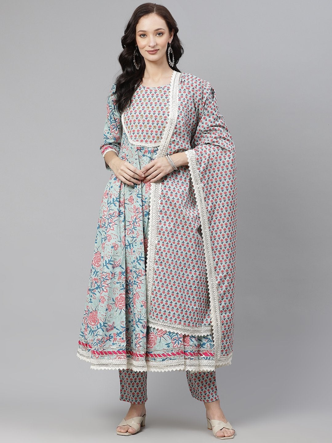 Women's Blue self print cotton Anarkali kurta palazzo set with Dupatta