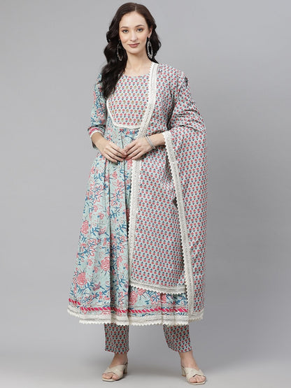 Women's Blue self print cotton Anarkali kurta palazzo set with Dupatta