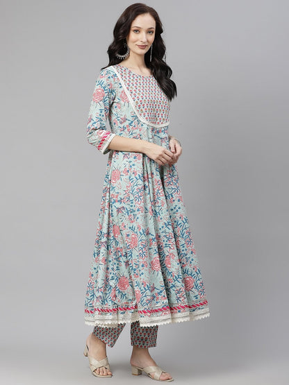 Women's Blue self print cotton Anarkali kurta palazzo set with Dupatta
