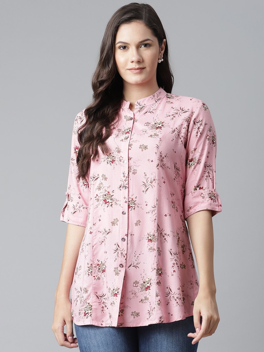 Women's Pink Leaf Rayon Print Top