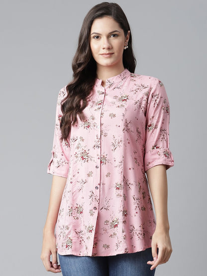 Women's Pink Leaf Rayon Print Top