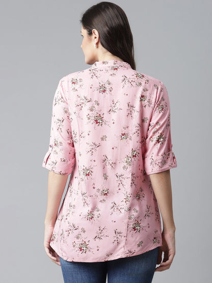Women's Pink Leaf Rayon Print Top