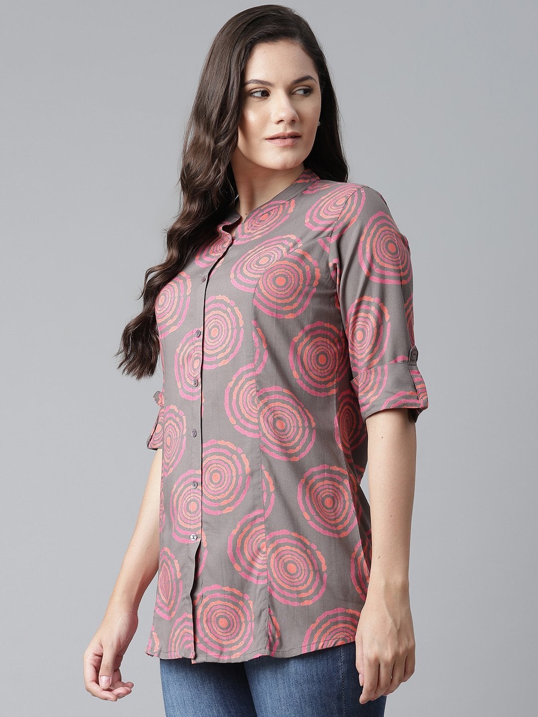 Women's Grey Spiral Rayon Print Top