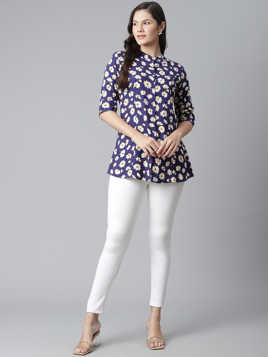 Women's Rayon Dark Blue Floral Top
