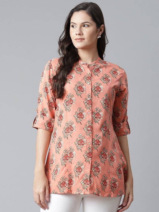Women's Peach Printed Rayon Top