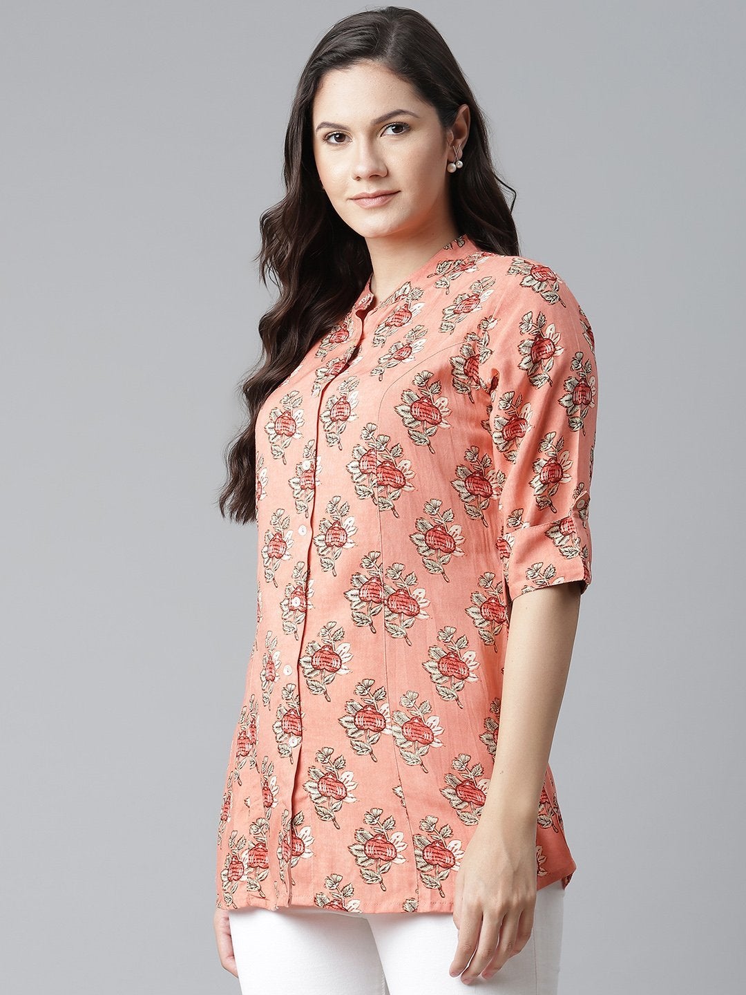 Women's Peach Printed Rayon Top
