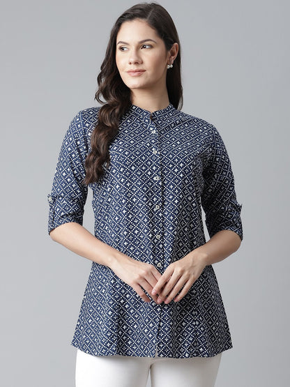 Women's Blue Rayon Printed Top