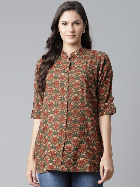 Women's Green Rayon Printed  Top