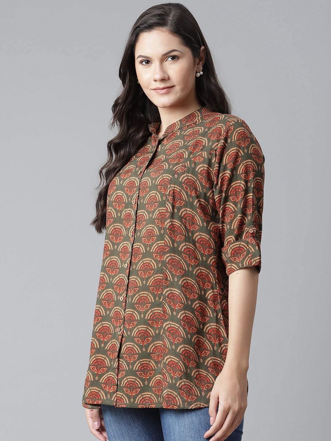 Women's Green Rayon Printed  Top