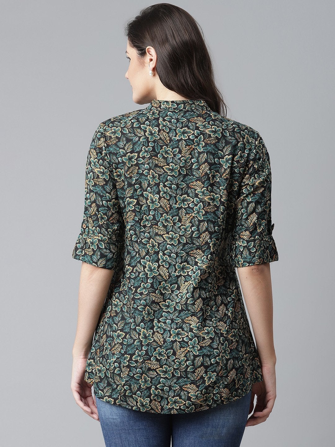 Women's Navy Blue Green Rayon Printed Top