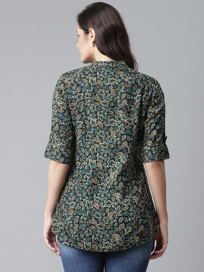 Women's Navy Blue Green Rayon Printed Top