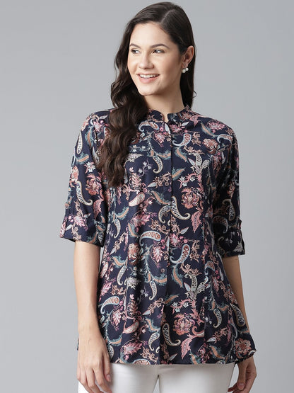 Women's Blue Printed Rayon Top