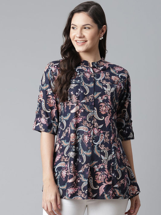 Women's Blue Printed Rayon Top