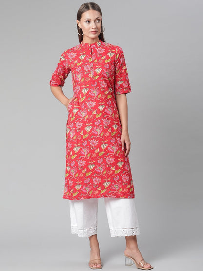 Women's Red Floral Print Cotton Straight Kurta