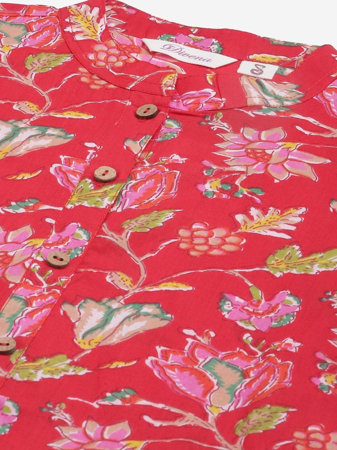 Women's Red Floral Print Cotton Straight Kurta