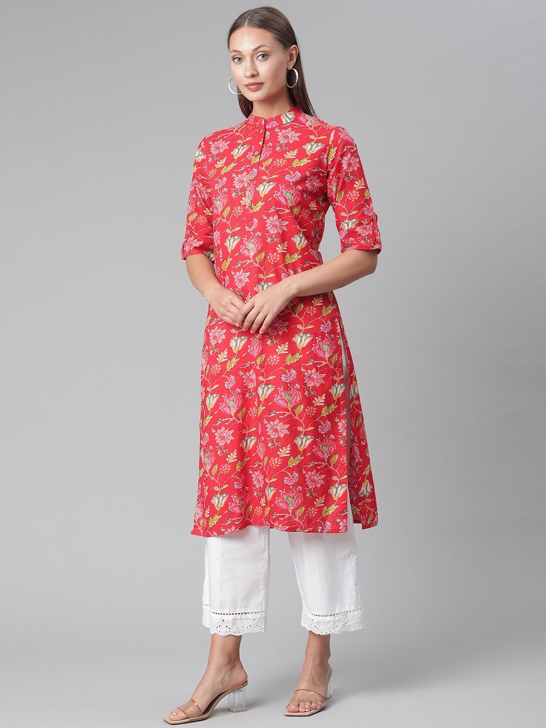 Women's Red Floral Print Cotton Straight Kurta