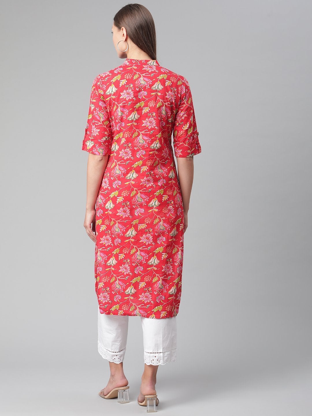 Women's Red Floral Print Cotton Straight Kurta