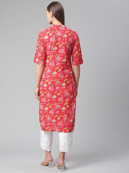 Women's Red Floral Print Cotton Straight Kurta