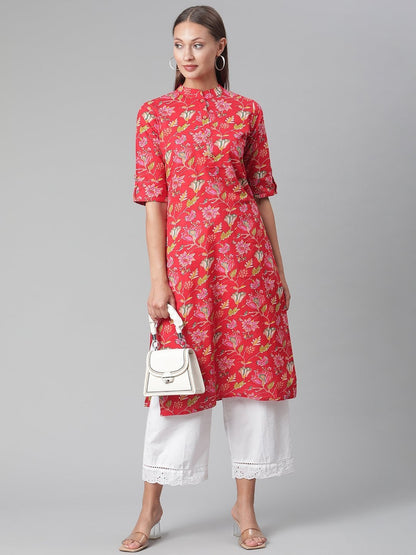 Women's Red Floral Print Cotton Straight Kurta