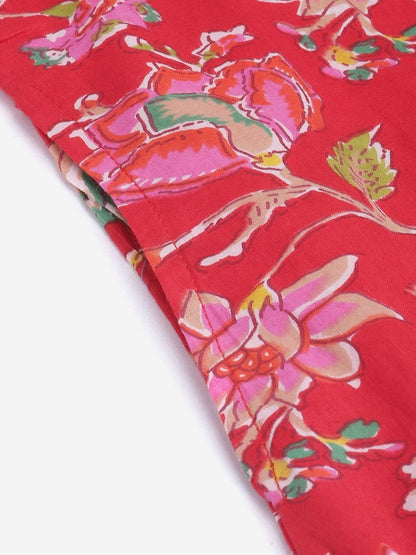 Women's Red Floral Print Cotton Straight Kurta