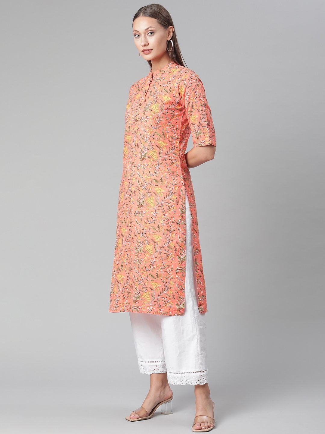 Women's Peach Floral Print Cotton Straight  Kurta
