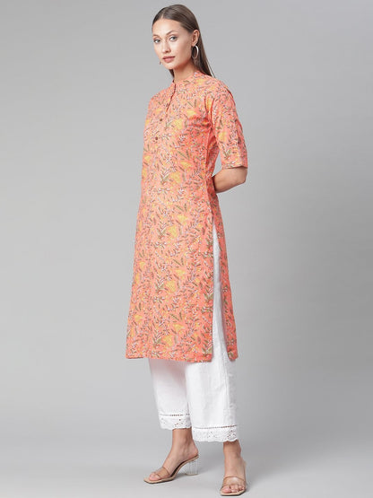 Women's Peach Floral Print Cotton Straight  Kurta