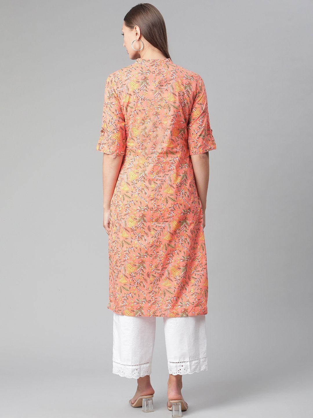 Women's Peach Floral Print Cotton Straight  Kurta