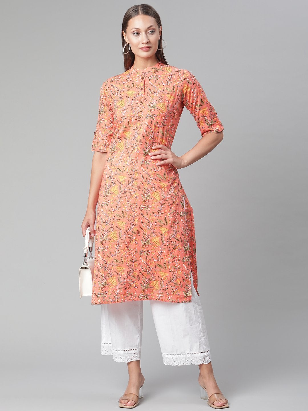 Women's Peach Floral Print Cotton Straight  Kurta