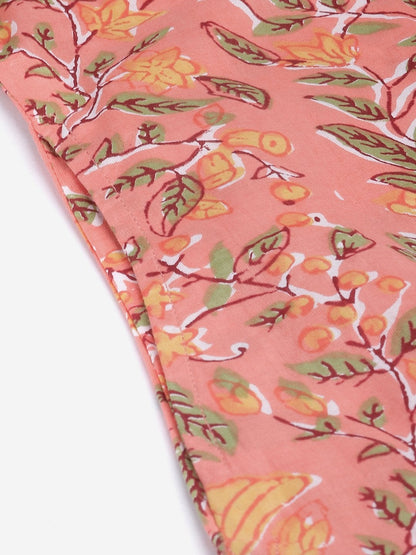 Women's Peach Floral Print Cotton Straight  Kurta