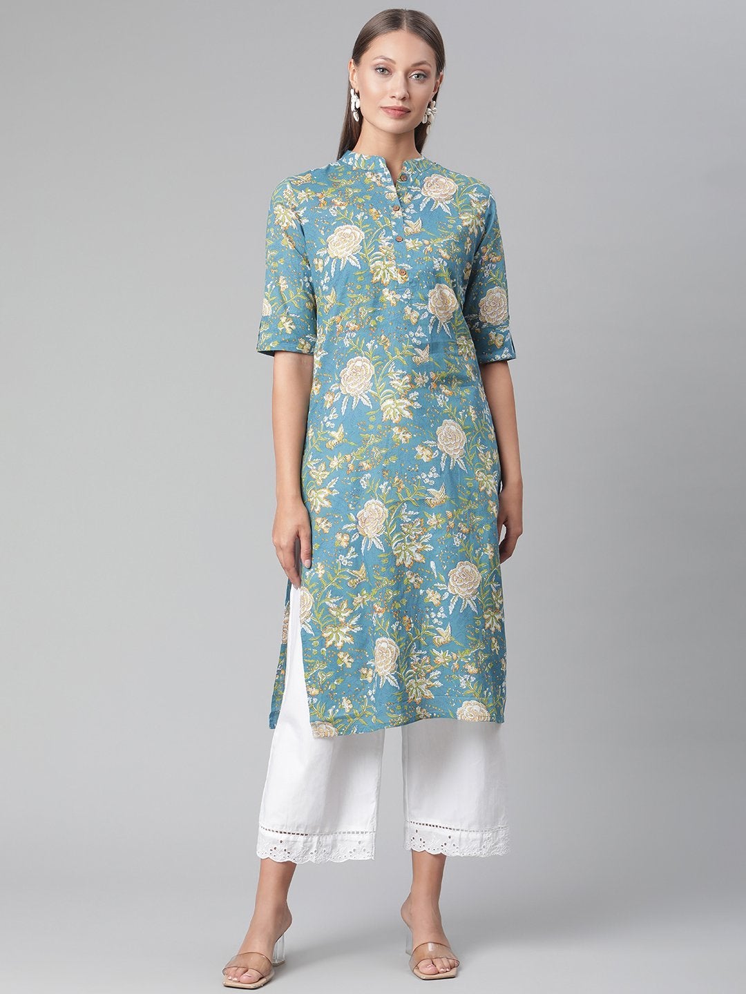 Women's Teal  Floral Print Cotton Straight Kurta