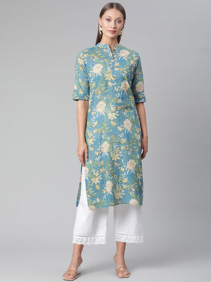 Women's Teal  Floral Print Cotton Straight Kurta