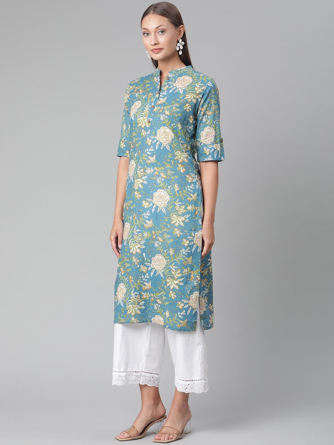 Women's Teal  Floral Print Cotton Straight Kurta