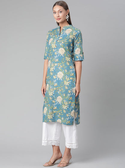 Women's Teal  Floral Print Cotton Straight Kurta